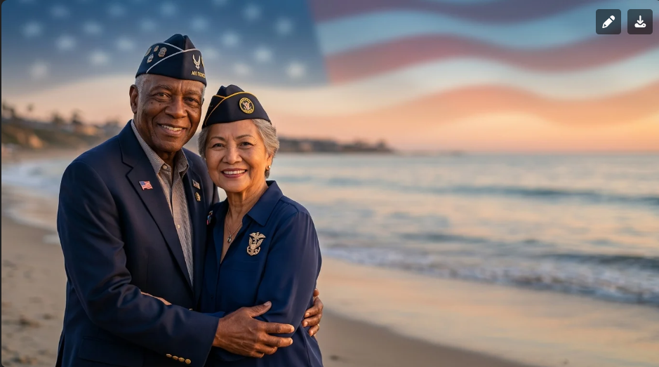 A senior African American veteran couple in military uniforms embracing on a beach at sunset, an American flag behind them